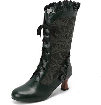 Generic Womens Lace Up Mid-Calf Boots Kitten Heel Vintage Victorian Boots Round Toe PU Leather Punk Boot,Green,10.5 UK