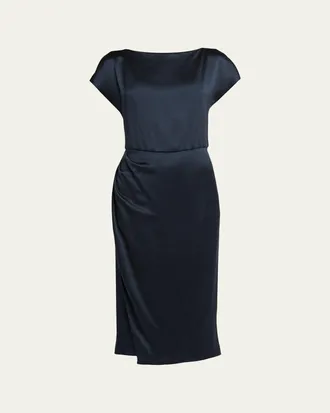 Giorgio Armani Hammered Satin Cap-Sleeve Wrap Midi Dress