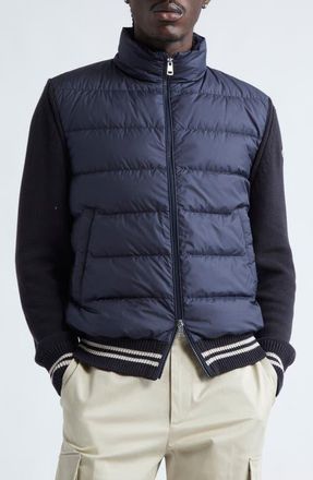 Moncler Quilted Down & Cotton Knit Cardigan in Blue at Nordstrom, Size Xxx-Large