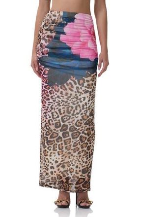 AFRM Bevin Printed Ruched Mesh Maxi Skirt in Animal Block Peony at Nordstrom Rack, Size X-Large