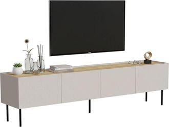 Dmora Dmora - Mobile porta tv Scopa, Madia da salotto con quattro ante battenti e quattro vani interni, Rialzato da terra, 200x40 h52 cm, Beige e Rovere