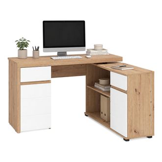 Dmora Escritorio Piran, Esquinero, 2 Cajones, 5 Estantes, 140x124x77h Cm Marr&oacute;n Roble Nodoso