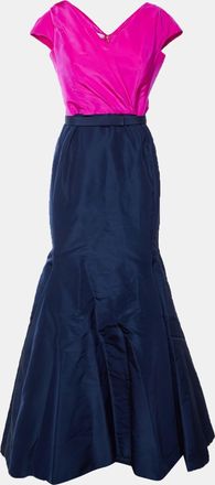 Oscar De La Renta Oscar De La Renta Navy Blue/pink Silk Gabardine Maxi Dress