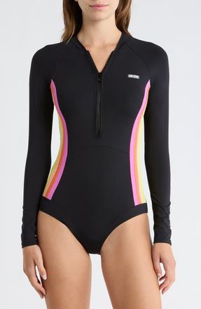 Rip Curl Surf Stripe Long Sleeve UPF 50+ One-Piece Rashguard Swimsuit in Black at Nordstrom, Size X-Small