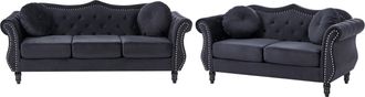 Beliani Conjunto De Sala De Estar En Terciopelo Negro 2 Plazas 3 Plazas Apoyabrazos Enrollados Cojines Estilo Glam Skien