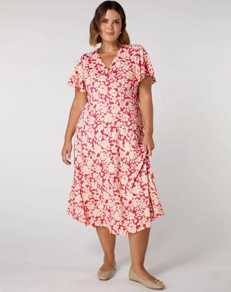 Live Unlimited London Womens Raspberry Floral Print Flutter Sleeve Wrap Dress - Size: 22