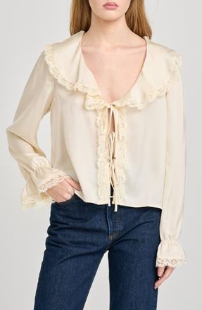Wayf Lacy Long Sleeve Tie Front Top in Cream at Nordstrom, Size X-Large