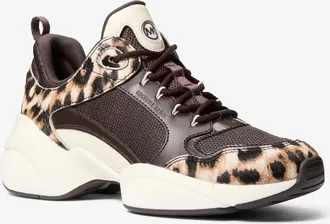 Michael Kors Bowie Leopard-Print Calf Hair and Mesh Trainer