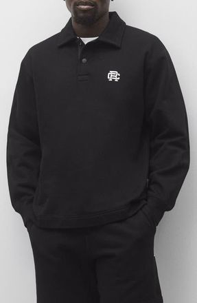 Reigning Champ Embroidered Monogram Midweight Cotton French Terry Rugby Sweatshirt in Black-White at Nordstrom, Size Xx-Large