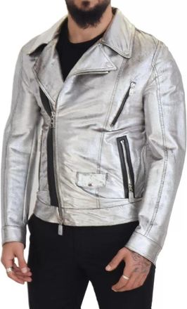 Dolce & Gabbana Silver Leather Biker Coat Lambskin Mens Jacket (Pre-Owned)