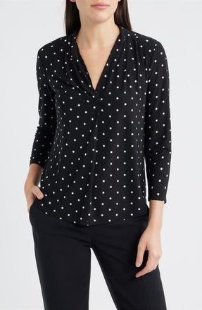 Anne Klein Print Pleat Three-Quarter Sleeve Top in Anne Black/White Dove at Nordstrom, Size X-Small P