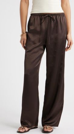 Open Edit Drawstring Waist Satin Pants in Brown Seal at Nordstrom, Size X-Small