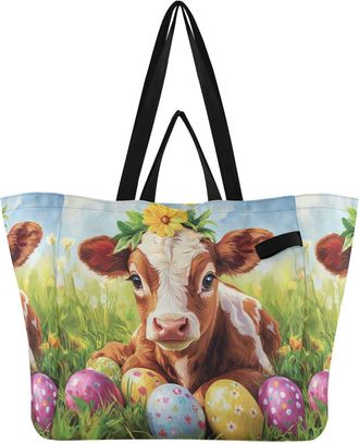 Generic Easter Eggs Brown Cow print Reusable Canvas Tote Bag, Heavy Duty Grocery Shopping Bag with Double Handles Hard Bottom Large Capacity Work Groceries Tr