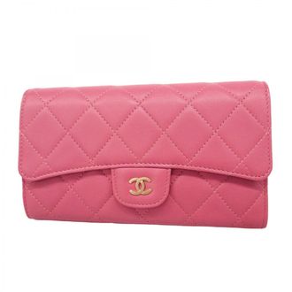Chanel Pink Leather Long Wallet (Tri-Fold) (Pre-Owned)