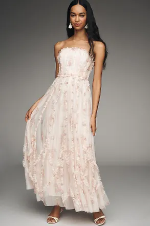 Mac Duggal Strapless Ruffle Mesh Maxi Dress