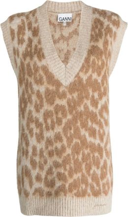 Ganni leopard-jacquard vest - women - Alpaca Wool/Recycled Wool/Recycled Polyamide/Wool - S - Neutrals