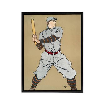 Artery8 Vintage Baseball Player Drawing Framed Canvas Wall Art Print E Penfield in Beige | Size: W24 x H32
