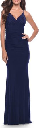 La Femme Long Net Jersey Dress with Illusion Waist in Navy at Nordstrom, Size 10