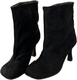 Generic JCVBN Street Style Pleated Round Toe Women Ankle Boots Thin Heels Shoes Winter Concise Chelsea Short Botas Mujer Black