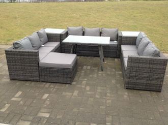 Fimous 10 Seater U Shape Rattan Sofa Set Outdoor Garden Furniture Patio Dining Table Dark Grey Mixed