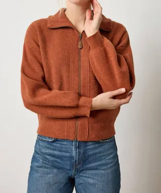 Lilla P Zip Front Bomber Top In Chutney