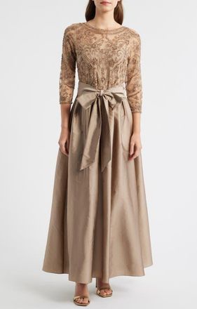 Pisarro Nights Beaded Illusion Neck Taffeta Cocktail Dress in Mocha at Nordstrom, Size 10
