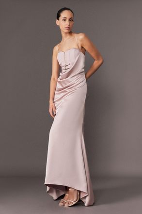 Karen Millen Womens Archive Collection - Tailored Satin Drape Corset Fishtail Maxi Dress - Mink - Size 12 UK