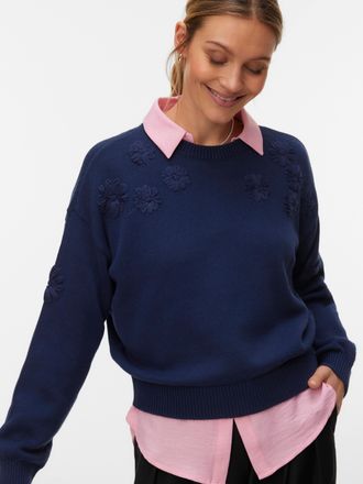 Vero Moda Strickpullover VERO MODA VMDAISY EMB LS O-NECK PULLOVER BOO, Damen, Gr. XL, navy blazer, Strick, Obermaterial: 60% Baumwolle, 40% Polyester, unifarben