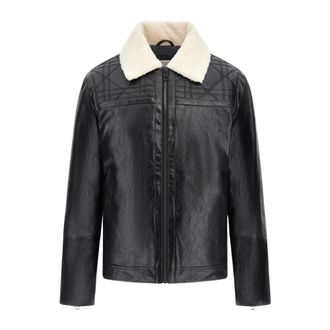 Guess Jassen, Heren, Zwart, S, Zwarte Leren Gewatteerde Jas Ritssluiting