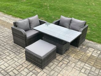 Fimous Outdoor Rattan Furniture Garden Dining Set Height Adjustable Rising lifting Table Love Sofa Set With Big Footstool in Dark Grey