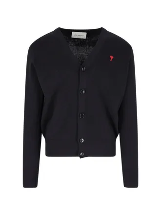 Ami V-Neck Black Wool Cardigan With Contrast Logo