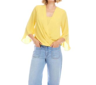 Karen Kane Bracelet Sleeve Drape Front Crossover Top In Lemon