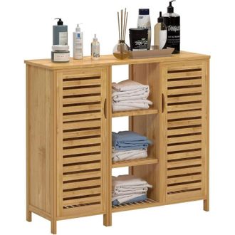 Need Soges Mueble De Ba&ntilde;o De Bamb&uacute;,mueble Auxiliar Con 4 Estantes Y 2 Puertas De Listones,mueble De Almacenaje Para Ba&ntilde;o,sal&oacute;n Y Cocina,100 X 33 X 87 Cm