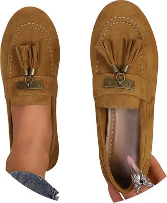 Generic Womens Loafers Tassel Suede Slip-Ons Shoes Fashionable Retro Outdoor Loafer Casual Dress Shoe for Women with Arch Support Work Flat Shoes (Brown, 4.5)