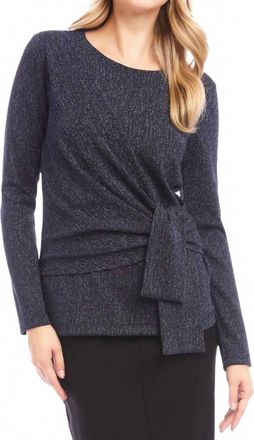 Karen Kane Long Sleeve Metallic Knit Side-Tie Top In Navy