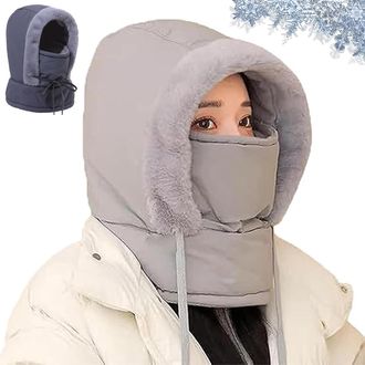 Generic Plush-Lined Thickened Thermal Hat with Face Mask for Men & Women, 3-in-1 Windproof Warm Hood, Unisex Ski Fleece Winter Cold Protection (Light Grey)
