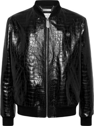 Philipp Plein Leather Bomber Cocco Print - Heren - Leren en Su&egrave;de Jassen - Zwart - 3XL - Leer - Jassen