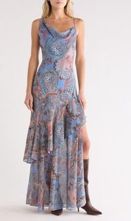 L'agence Viola Asymmetric Tiered Silk Gown in Periwinkle French Paisley at Nordstrom Rack, Size 12