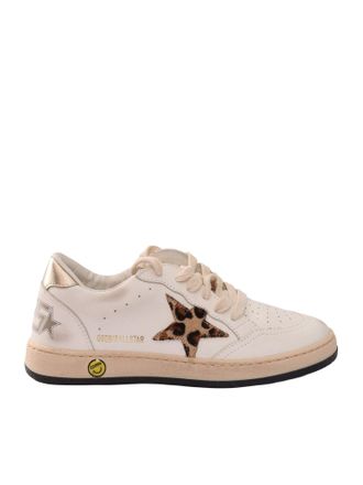 Golden Goose Scarpe da ginnastica Golden Goose Ball Star Pelle Punta superiore Linguetta e sperone Horsy Star Tacco laminato Bianco/Marrone e nero Leo/Platino