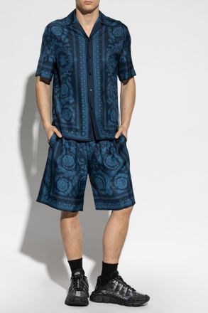 Versace Silk Shorts With Print, Mens, Navy Blue