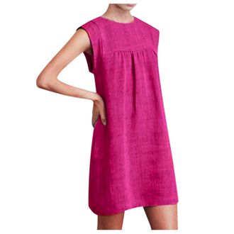 Generic Summer Dresses for Women UK Linen Elegant A-Line Dresses Womens Sleeveless Knee-Length Causal Swimdresses Ladies Solid Crew Neck Activewear Womens Hol