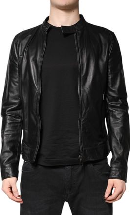Dolce & Gabbana Mens Black Sheep Leather Biker Full Zip Jacket Clothing