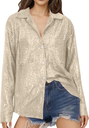 Generic Sequin Tops for Women UK Sparkly Long Sleeve Lapel Shiny Loose Fit Shirts Fashion Glitter Button Evening Party Blouses Womens Christmas Sparkle Tops B