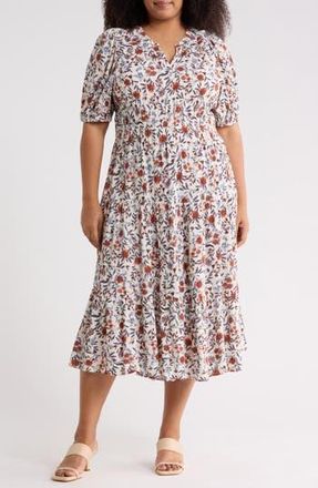 Melrose and Market Crinkle Midi Dress in Ivory- Pink Fleurette at Nordstrom Rack, Size 3X