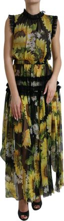 Dolce & Gabbana Black Sunflower A-line Pleated Maxi Womens Dress
