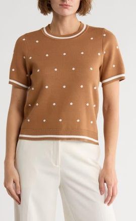 Adrianna Papell Short Sleeve Jacquard Sweater in Camel Medium Simple Dot at Nordstrom Rack, Size X-Large