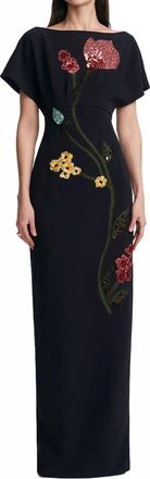 Lela Rose Savannah Dolman-Inspired Cape Cap Sleeves Gown In Navy