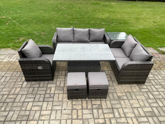 Fimous Outdoor Rattan Furniture Garden Dining Set Patio Table Reclining Chair Sofa With Side Table 2 Small Footstools Dark Grey Mixed