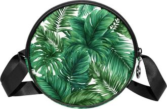 Generic Circle Crossbody Bag for Women, Ropical Jungle Palm Leaves Small Sling Bag Daypack with Zipper Adjustable Shoulder Straps Casual Ladies Girls Round Pu