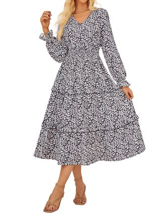 Grace Karin 2025 Womens V Neck Floral Maxi Dress Casual Long Sleeve Dresses for Wedding Leopard Floral M